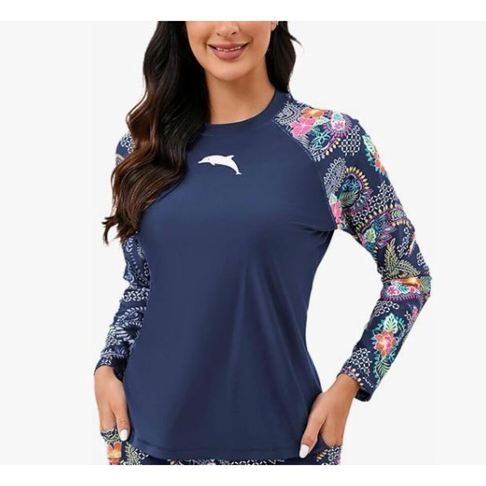 NEW Halcurt Long Sleeve Rash Guard 2XL Blue Floral Paisley Built-In Bra NWT